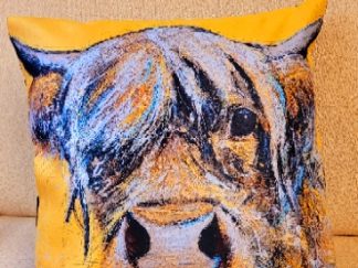 Faux Suede Bright Yellow Highland Cow Cushion