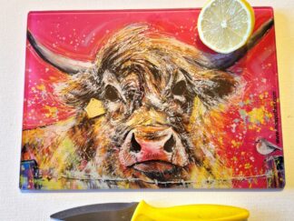 Glass Cutting Board - Pink Highland Cow - 20cm x 28cm - SMOOTH