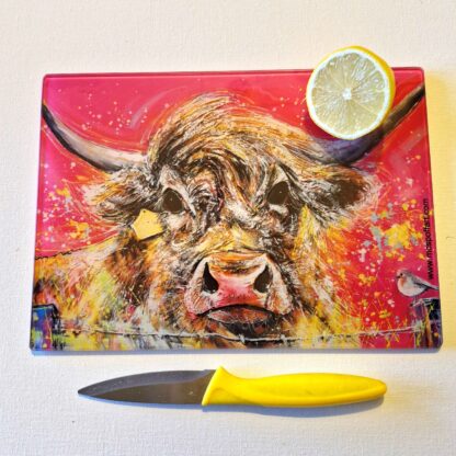 Glass Cutting Board - Pink Highland Cow - 20cm x 28cm - SMOOTH