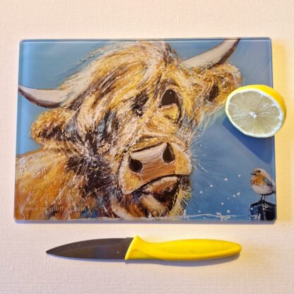 Glass Cutting Board - Highland Cow and friend- 20cm x 28cm - SMOOTH