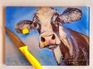 Glass Cutting Board – Flo the Black and White Cow- 20cm x 28cm – SMOOTH