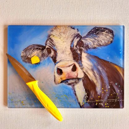 Glass Cutting Board – Flo the Black and White Cow- 20cm x 28cm – SMOOTH