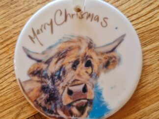 Christmas Ceramic hanging Ornament - Highland Cow - Signed Merry Christmas on the reverse