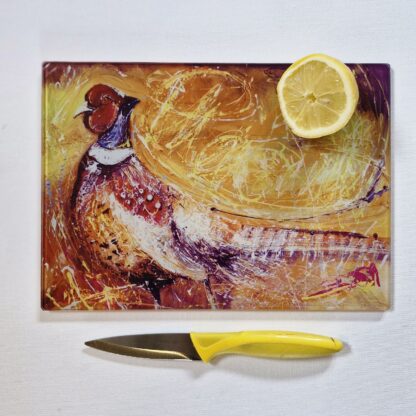 Glass Cutting Board – Plucky Pheasant- 20cm x 28cm – SMOOTH