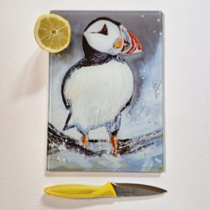 Glass Cutting Board – Puffin- 20cm x 28cm – SMOOTH