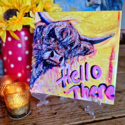 Hello There! Highland Cow Ceramic Tile 20 x 20cm